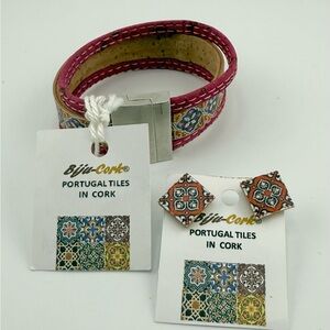 Portugal cork tile Pink Bracelet with Silver Clasp and Tile Earrings.